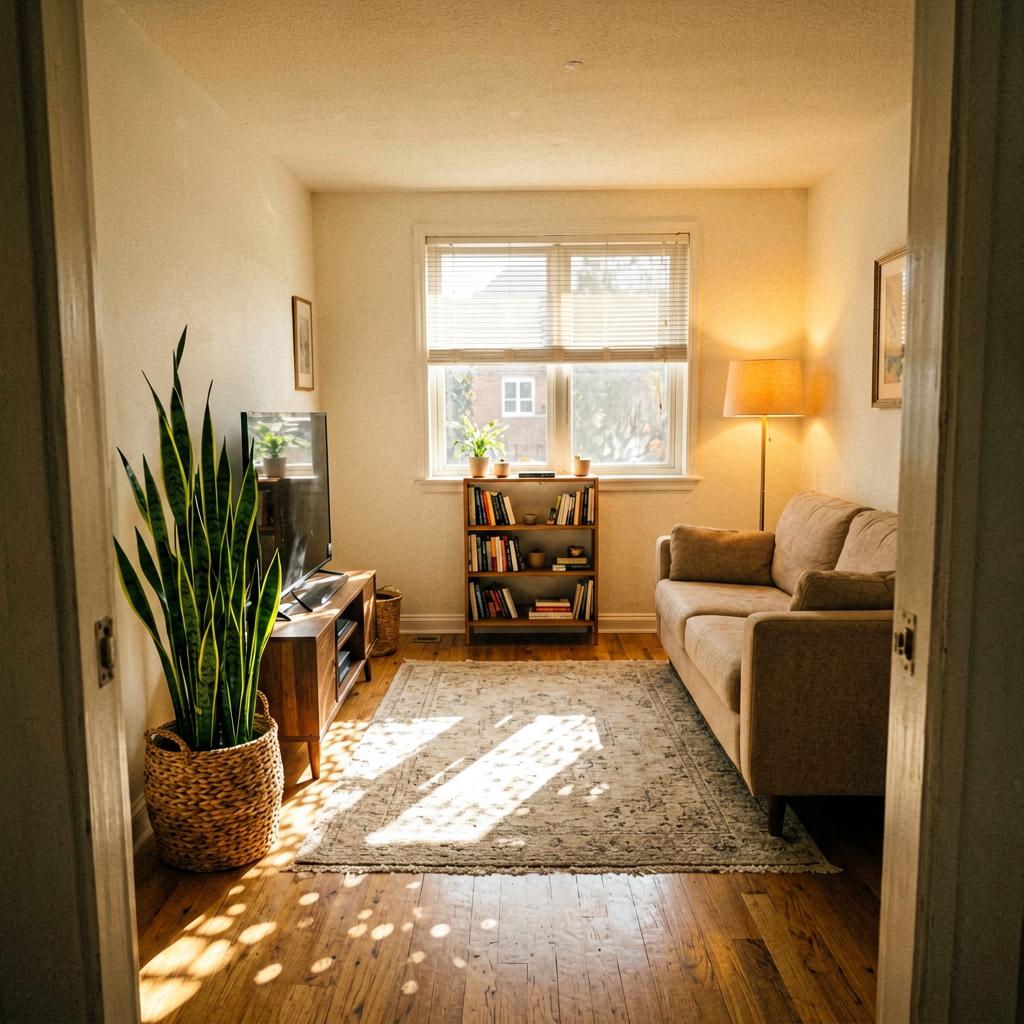 A bright living room with a tall snake plant in a woven basket near a TV, a warm floor lamp beside a beige sofa, and a small wooden bookshelf across from a window. Sunlight falls on the rug. The photo is slightly tilted, taken from a doorway.