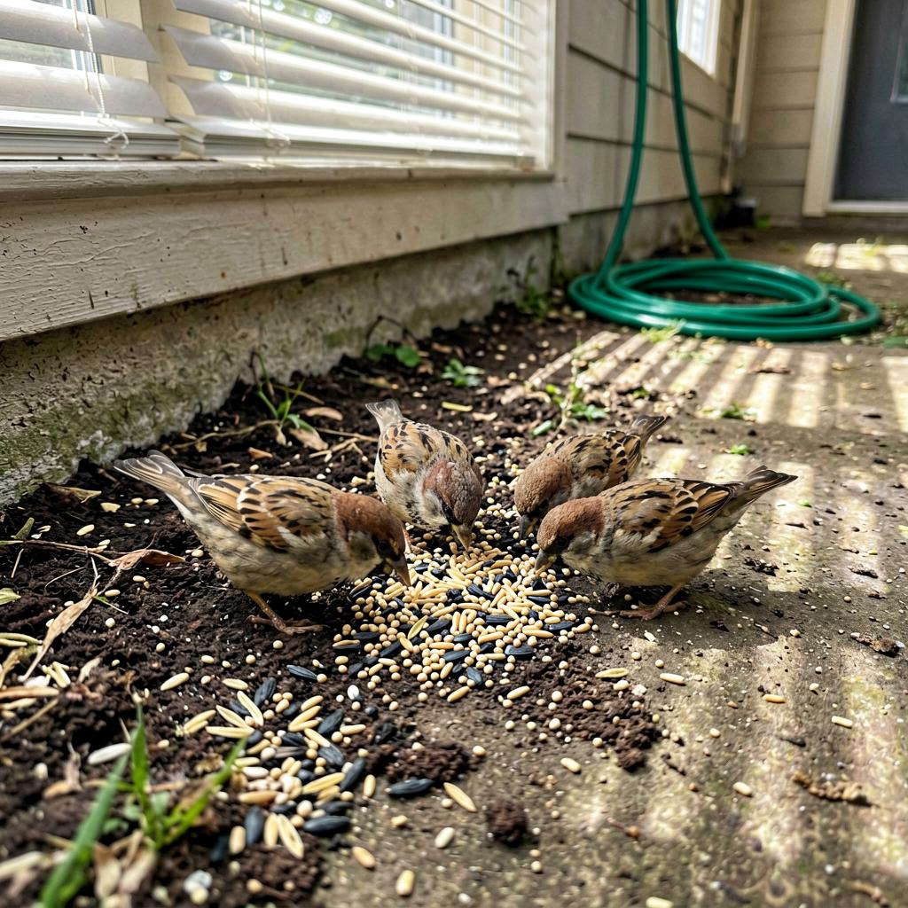 A close-up smartphone photo of the ground near a house foundation, with mixed birdseed scattered on dark soil. Several small sparrows are pecking at the seeds. The photo is taken from a low angle, slightly tilted, with natural light and a green garden hose visible in the background.