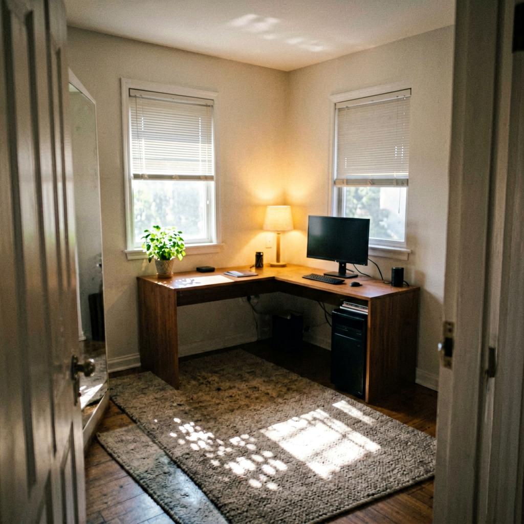 A small bedroom with a large L-shaped desk against the far wall, a single monitor and plant on the desk, warm lamplight, the door frame visible at the edge of the shot, a rug on the floor, no people, natural light from a small window.