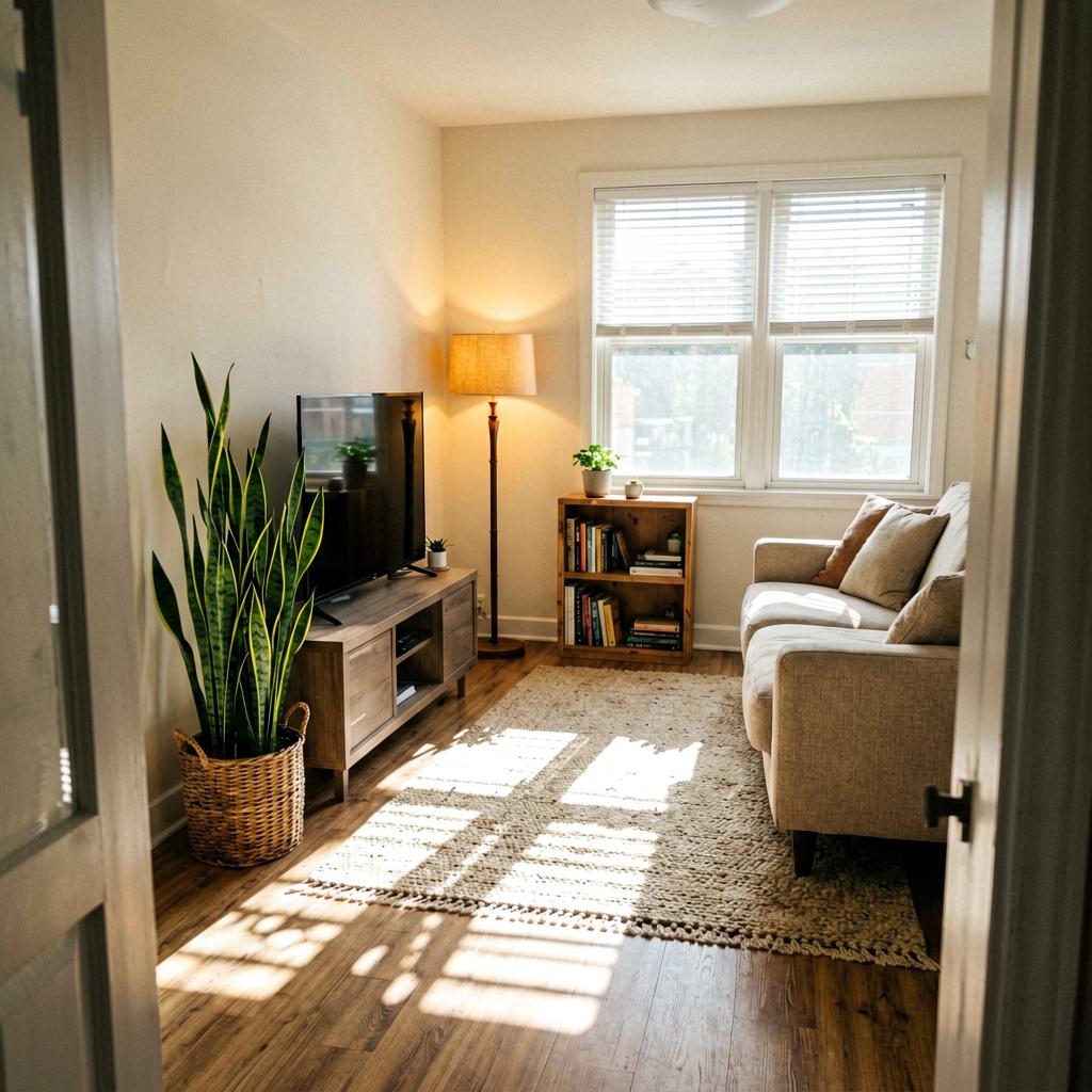 A bright living room with a tall snake plant in a woven basket near a TV, a warm floor lamp beside a beige sofa, and a small wooden bookshelf across from a window. Sunlight falls on the rug. The photo is slightly tilted, taken from a doorway.
