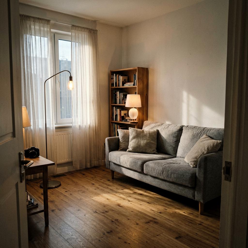 A cozy living room with a wooden floor, a tall metal floor lamp positioned next to a window with sheer curtains, a small wooden bookshelf against the opposite wall, a gray couch with throw pillows, afternoon sunlight streaming in.