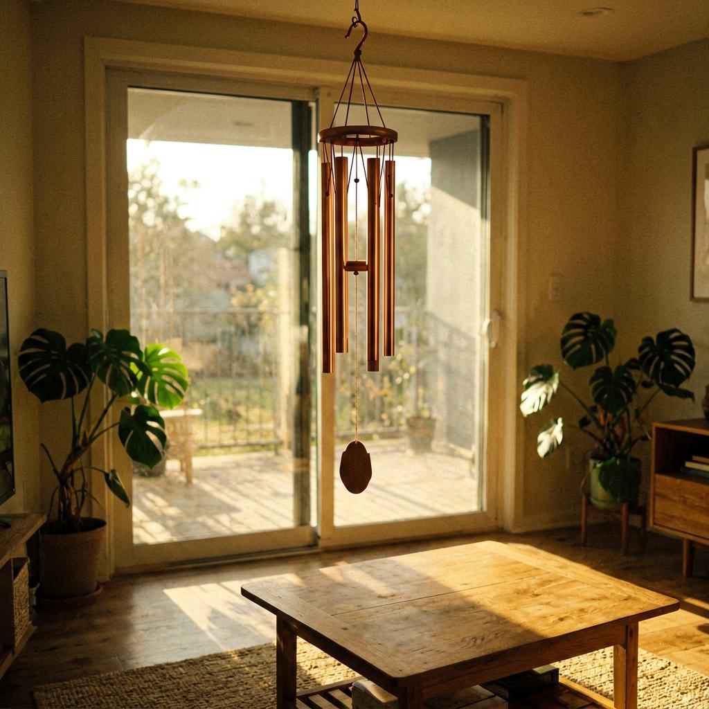 A copper wind chime with five tubes hanging from a hook above a sliding glass door. The room is softly lit by natural light. A monstera plant is visible in the corner. The photo is slightly off-level, taken from a low angle near the coffee table.