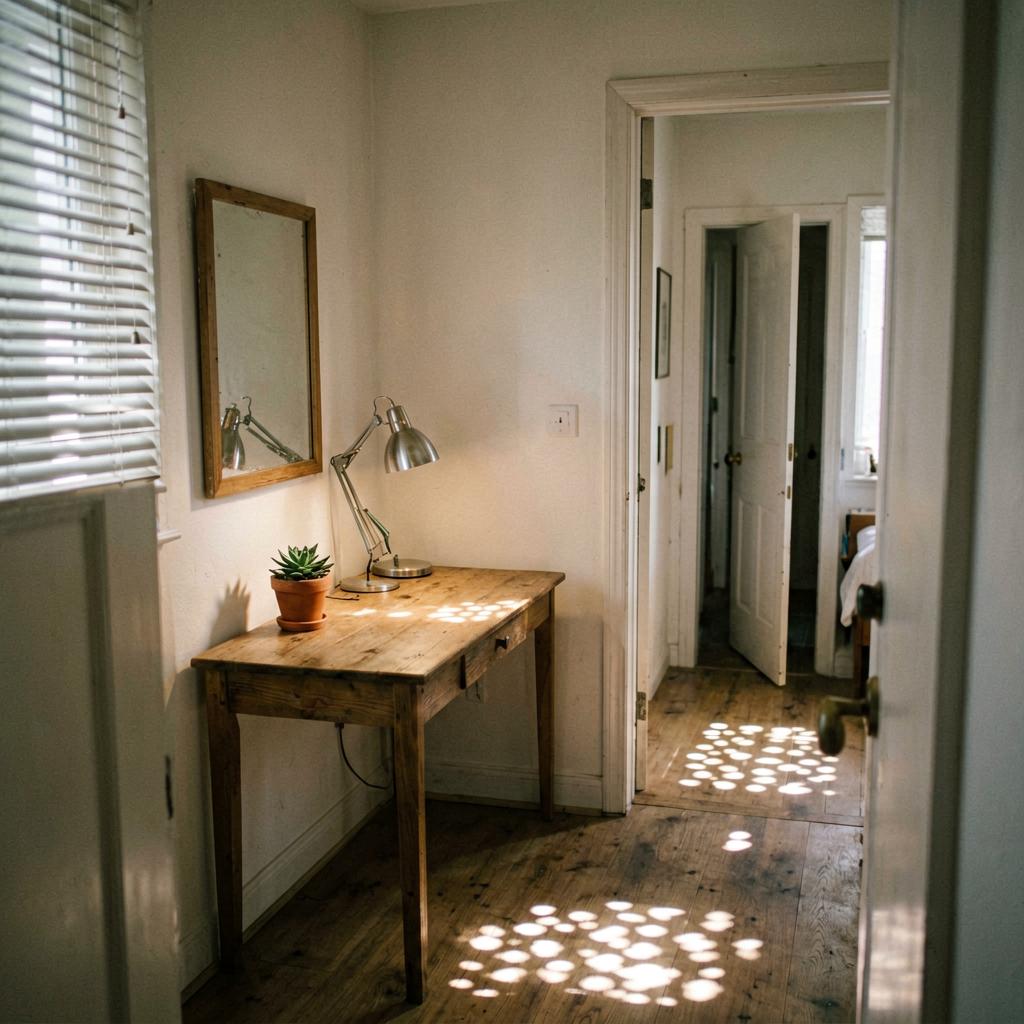 A wooden desk positioned against the wall immediately inside a bedroom door. A small succulent in a terracotta pot sits beside a desk lamp. The room is softly lit, with a glimpse of the hallway visible through the open door.