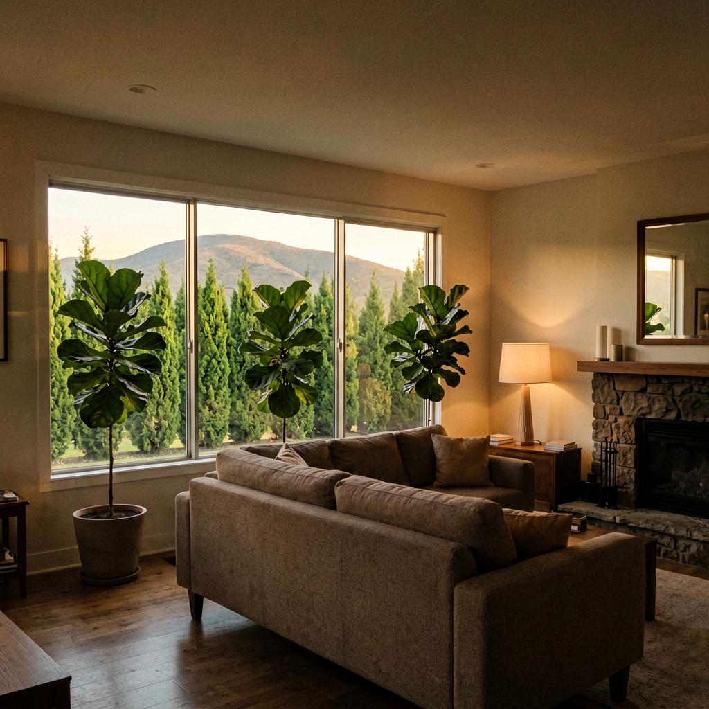 A living room with a large window, outside which a row of green arborvitae shrubs partially blocks the view of a curved mountain ridge. Inside, three large potted fiddle-leaf figs stand near the window. The sofa is turned away from the window, facing a stone fireplace. The room is bathed in warm afternoon light.