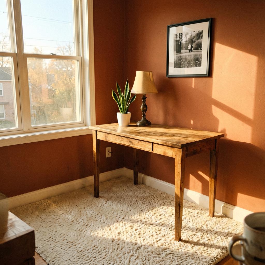 A home office with a wooden desk placed in front of a window, morning light coming from the left side. The walls are painted a warm terracotta. A cream wool rug is on the floor. On the desk, a small snake plant in a white pot and a vintage lamp with a beige shade. A framed black-and-white photo is on the wall. The room feels cozy and personal.