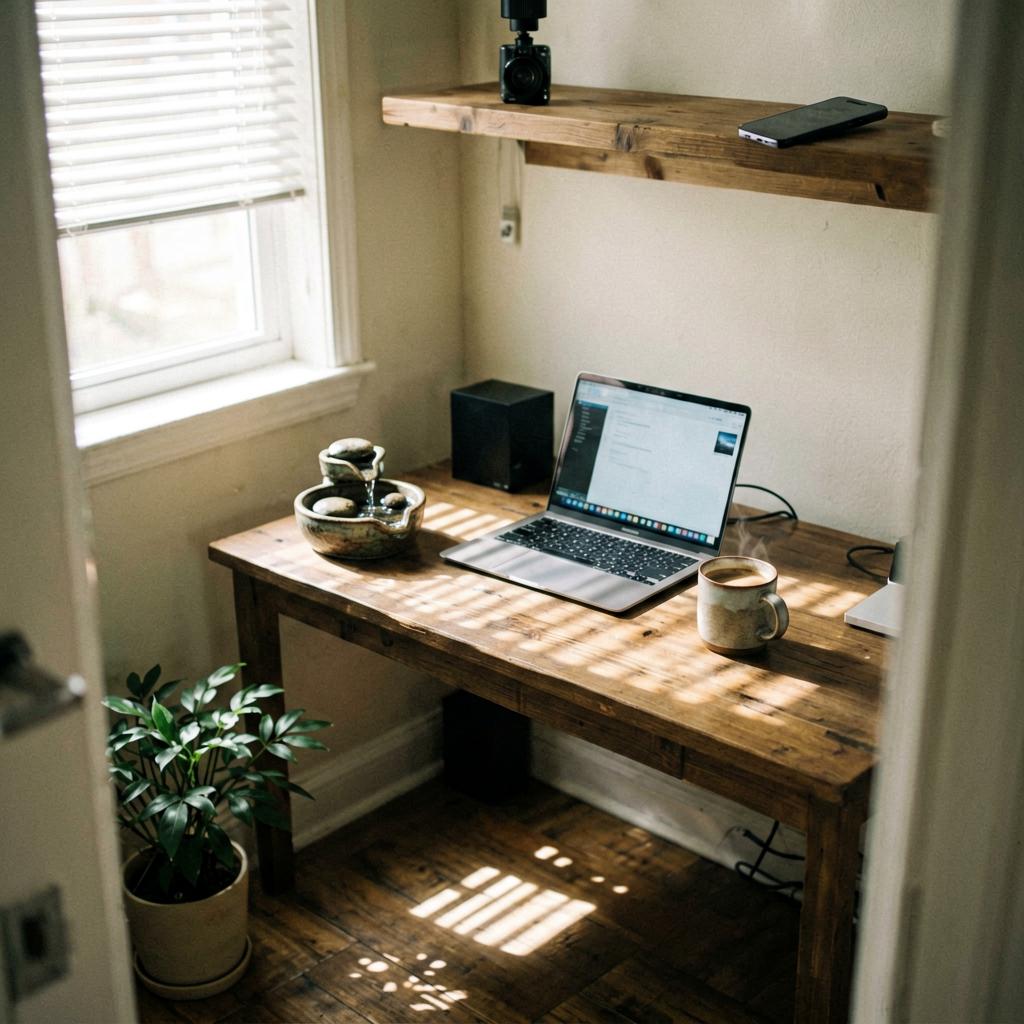 A home office desk with a wooden shelf above it, a small ceramic fountain with water trickling over stones, a laptop and a coffee mug on the desk, soft window light, a potted plant on the floor
