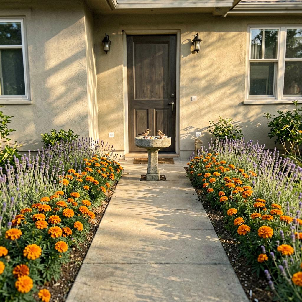 A tidy front path with marigolds and lavender on both sides, a small concrete birdbath near the front door, morning sunlight casting soft shadows. A few birds are visible at the birdbath. The path is clean and level, no clutter. Slightly warm iPhone photo, slightly off-level, natural light.