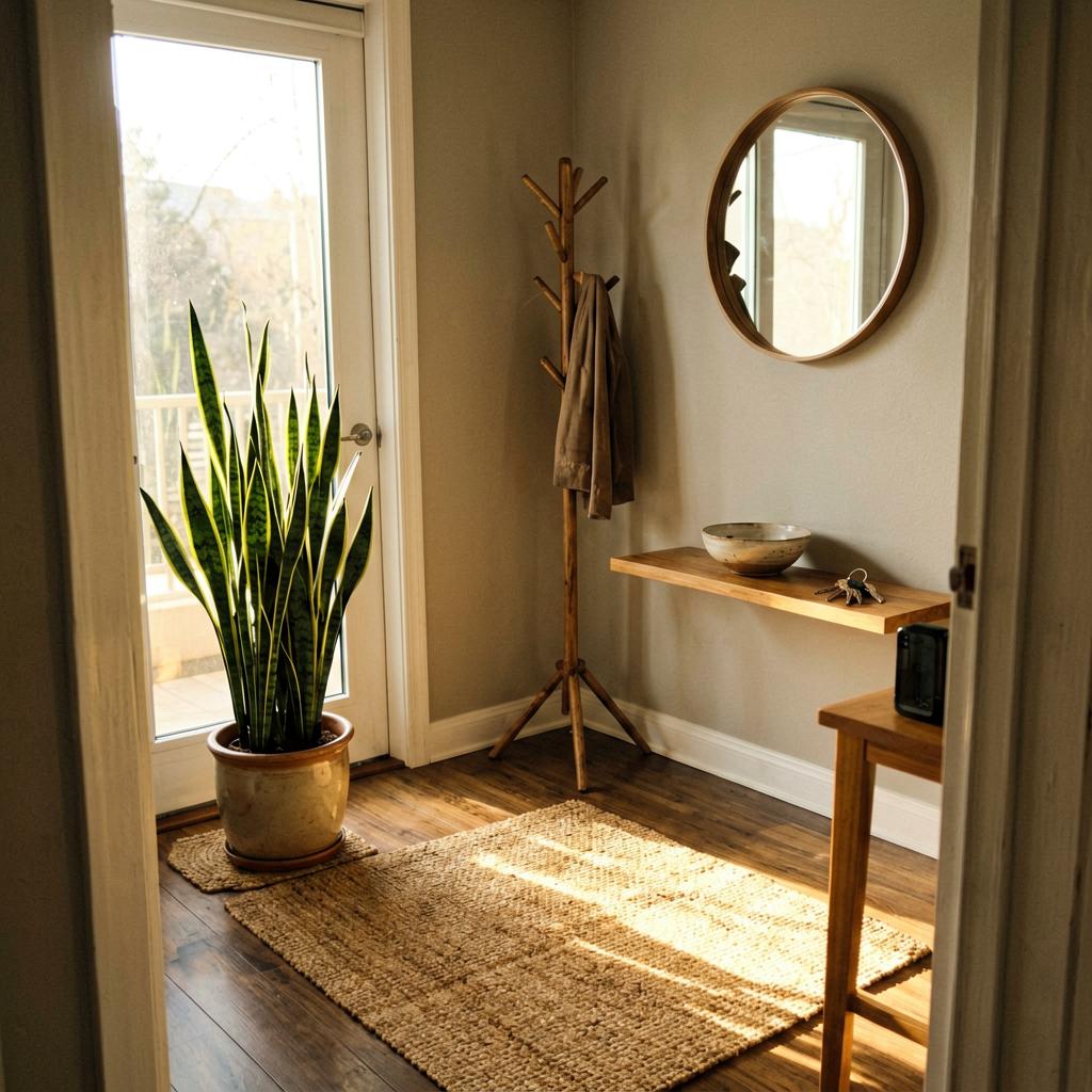 A small apartment entryway with a tall snake plant in a ceramic pot near the door, a round mirror on the opposite wall, a wooden coat rack in the corner, and a clear floor with a woven rug. A bowl for keys sits on a narrow shelf. Natural light from the door.