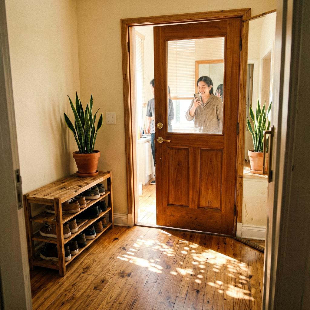 A slightly off-level smartphone photo of a bright entryway. A wide solid-core door with a full glass panel is open. A wooden shoe rack is against the wall to the left. A snake plant in a terracotta pot sits on a small console table. The floor is warm wood. The photo has a slightly warm tone, like an older iPhone.