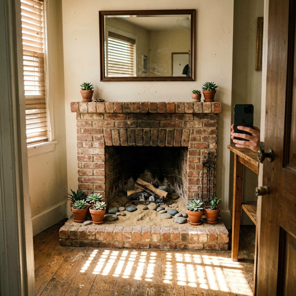 A brick fireplace filled with sand and smooth river stones. Small succulents in terracotta pots sit on the sand. A rectangular mirror hangs above.