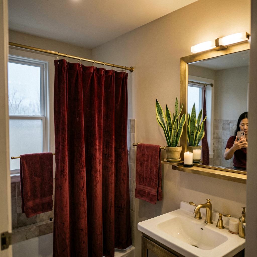 A guest bathroom with a burgundy velvet shower curtain, matching towels on a brushed brass towel bar, a brass faucet, and a small brass shelf holding a snake plant and a white candle. The room has warm lighting and a clean, intentional look.
