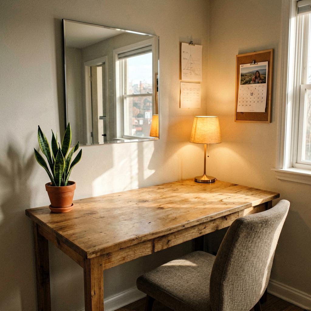 A home office with a wooden desk placed diagonally, a small snake plant in a terracotta pot on the left corner, a warm desk lamp on the right, a mirror on the wall reflecting the doorway, a fabric chair, soft afternoon light coming from a window behind the desk, a calendar pinned on a corkboard.
