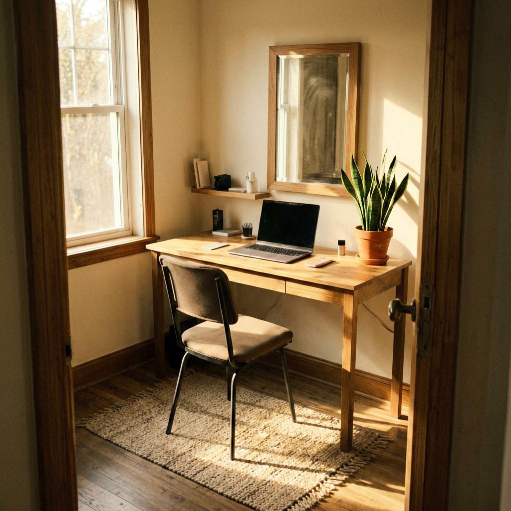 A home office desk positioned to face an open wooden door, with a small snake plant in a terracotta pot on the right corner of the desk, a laptop centered, and a wool rug underneath the chair. Natural light comes from a window to the left.