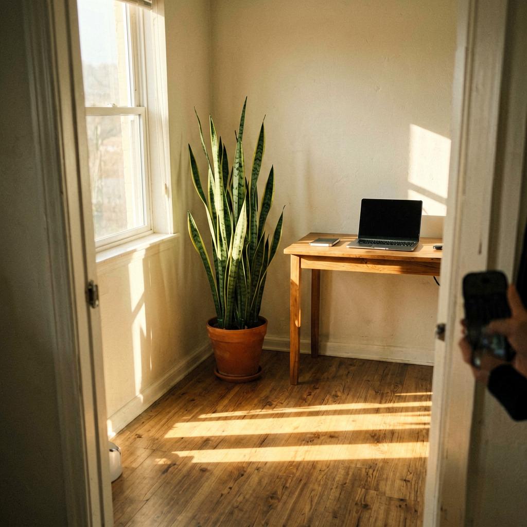 A home office with a tall snake plant in a terracotta pot in the corner. The plant is about six feet tall. A wooden desk with a laptop sits against the opposite wall. Natural light comes from a window on the side. The photo is slightly tilted, taken from the doorway.