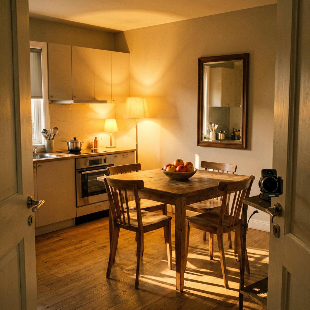 A cozy kitchen lit by a warm floor lamp in the corner and a small task lamp on the counter. The dining table has a bowl of fruit. The room feels relaxed and inviting, with soft shadows and no harsh glare.
