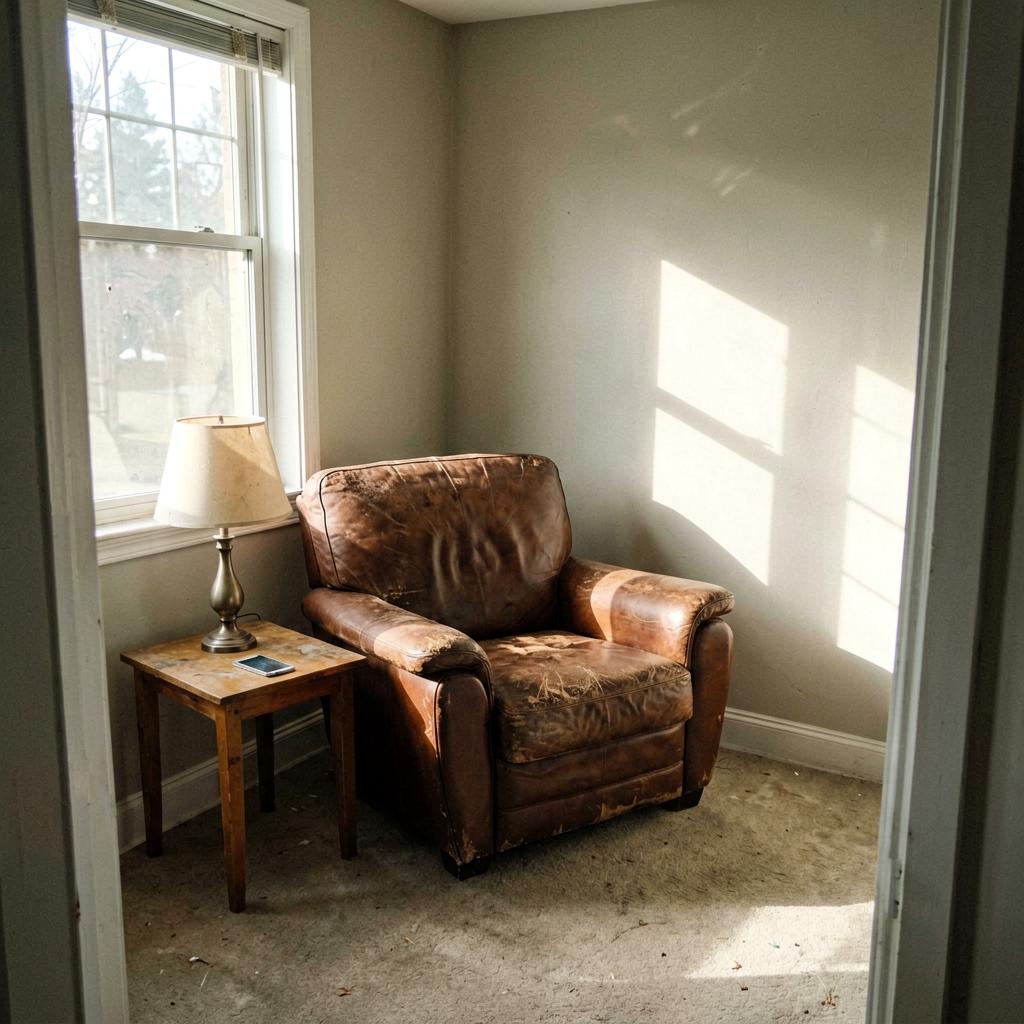 A worn brown leather armchair angled toward the center of a living room, with a small wooden table and lamp beside it, natural light from a window, the corner where it used to be now empty.