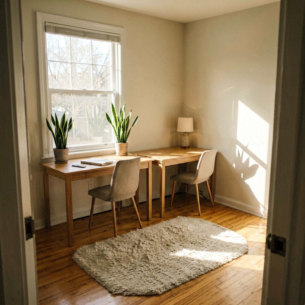 A bright home office with two desks positioned under a window, morning sunlight illuminating the room, a snake plant on the desk, a wool rug on the hardwood floor, and a small lamp on the corner.