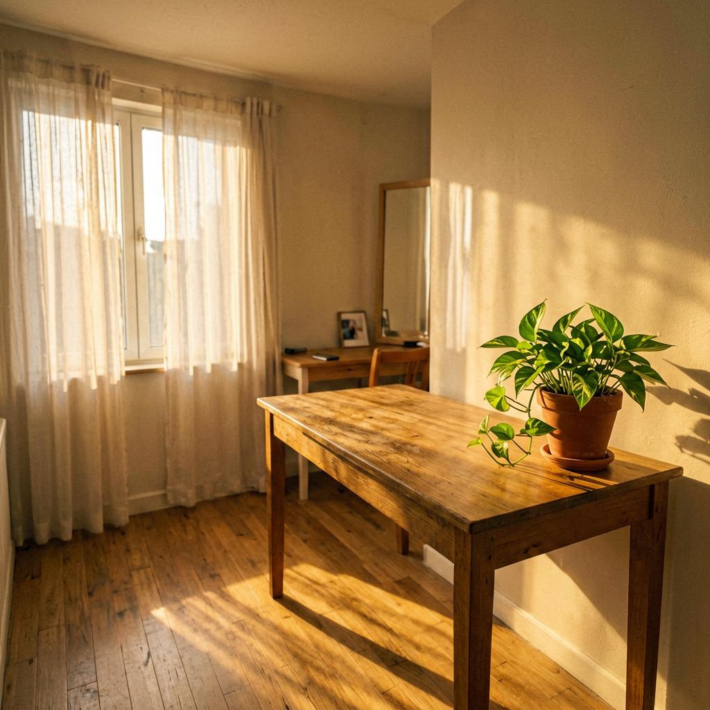 A wooden desk angled toward a window in a small apartment, with a green pothos plant in a terracotta pot on the right corner, natural light coming through sheer curtains, another desk visible against the wall in the background, smartphone photo with slightly warm tones and soft edges