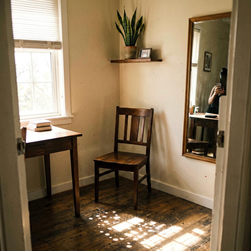 A dark wooden guest chair positioned in a corner of a home office, against a wall, with a small shelf above holding a snake plant. Natural light from a window illuminates the desk on the left. Slightly warm-toned smartphone photo, unposed.