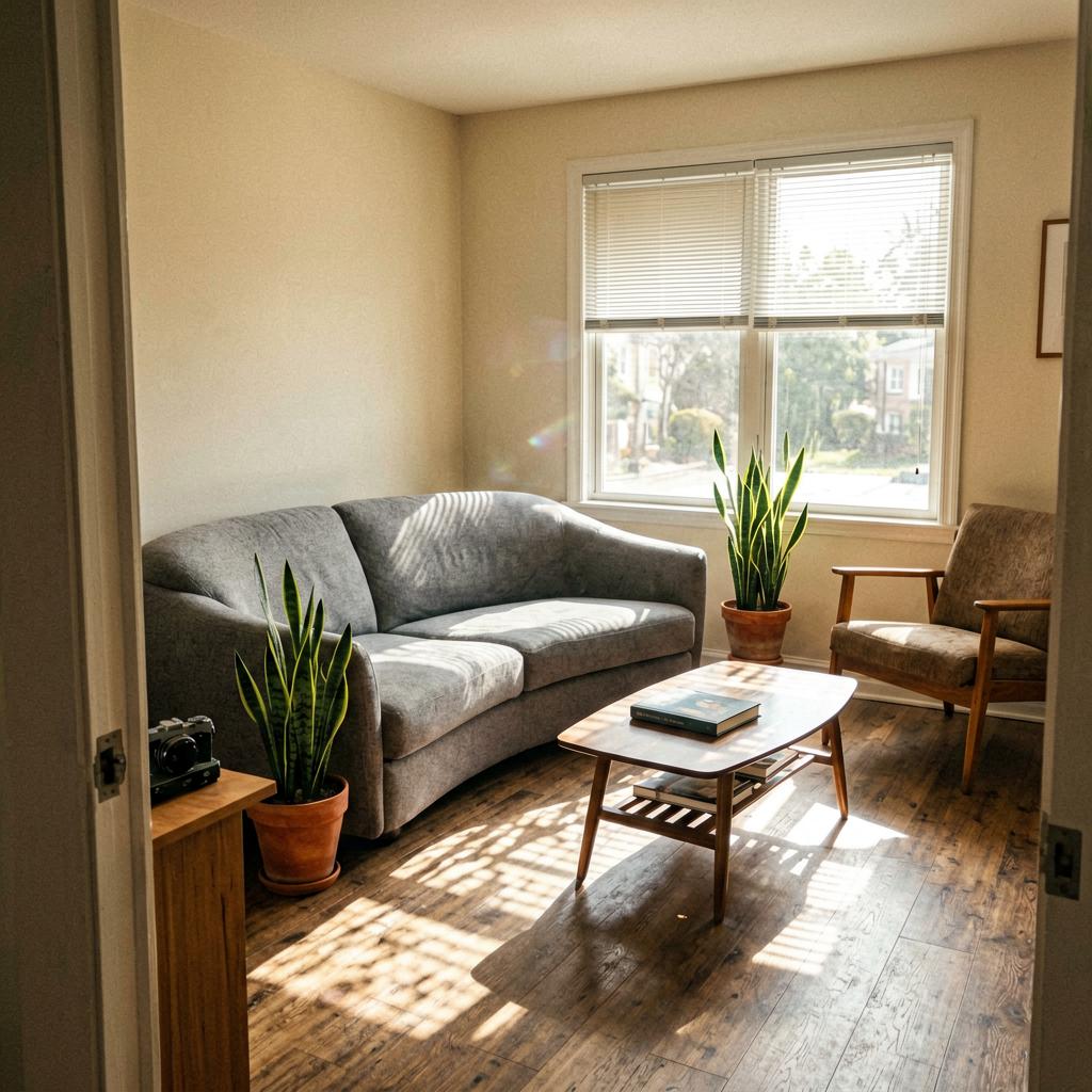 A living room with a curved grey sofa angled toward a window, a wooden armchair on the opposite side, a low coffee table with a book on it, a snake plant in a terracotta pot near the sofa, afternoon light streaming in through the window, slight lens flare from the sun, doorframe visible on the left.