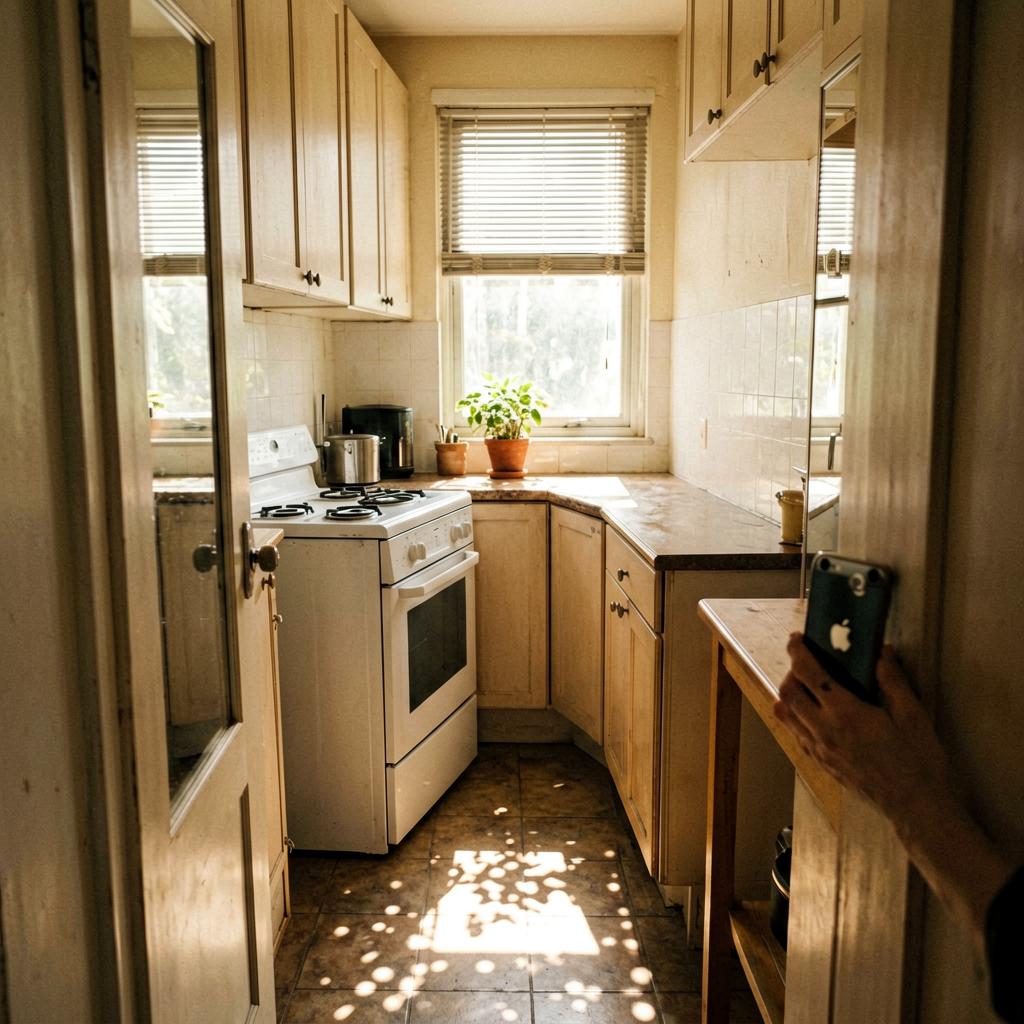 A narrow galley kitchen with a white electric stove positioned away from the corner, angled slightly toward the doorway, countertop with a small plant, natural light from a window, warm tones from an older iPhone photo.
