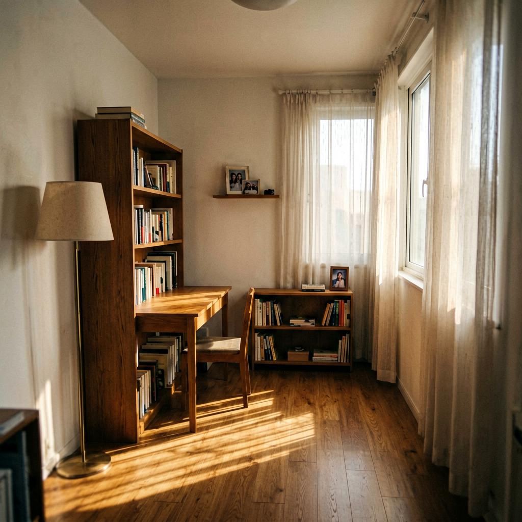 A narrow home office with a wooden desk against the left wall, a tall bookshelf directly to its left, a low shelf on the opposite wall, a floor lamp in the left corner, and a window on the right with sheer curtains letting in soft light.