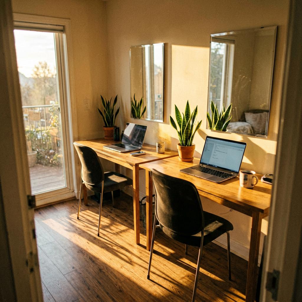 Home office with two desks, one facing the doorway, a small snake plant on the desk, a laptop, a coffee mug. Warm natural light, slightly off-center smartphone photo.