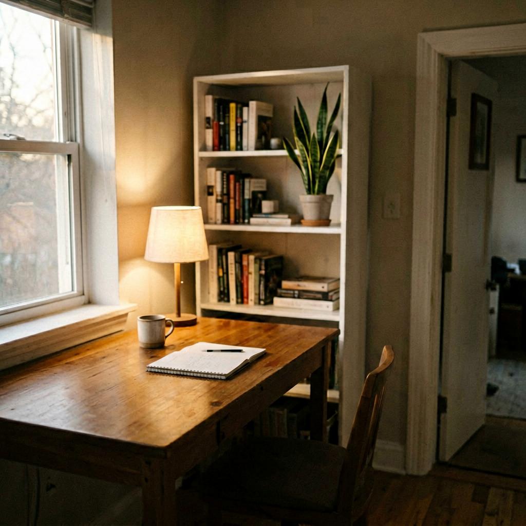 A home office with a wooden desk angled toward the left, back against a white bookshelf with books and a snake plant. A desk lamp, mug, and notebook on the desk. Doorway visible on the right. Warm afternoon light. Slightly off-level smartphone photo.