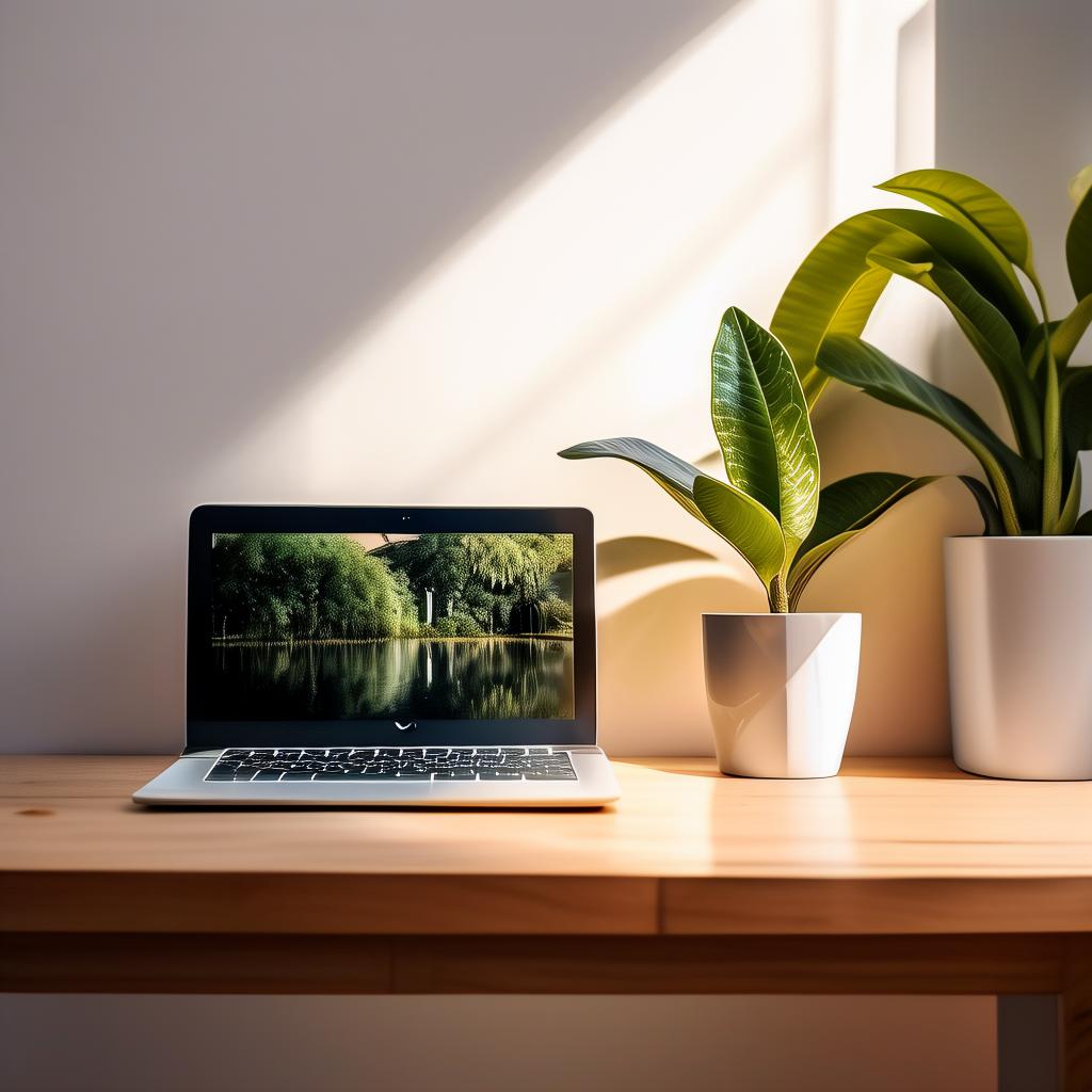 A wooden desk against a plain white wall with a laptop centered, a small snake plant on a shelf above, natural light from behind, no mirror visible. Photo taken with an older iPhone, slightly warm tones.