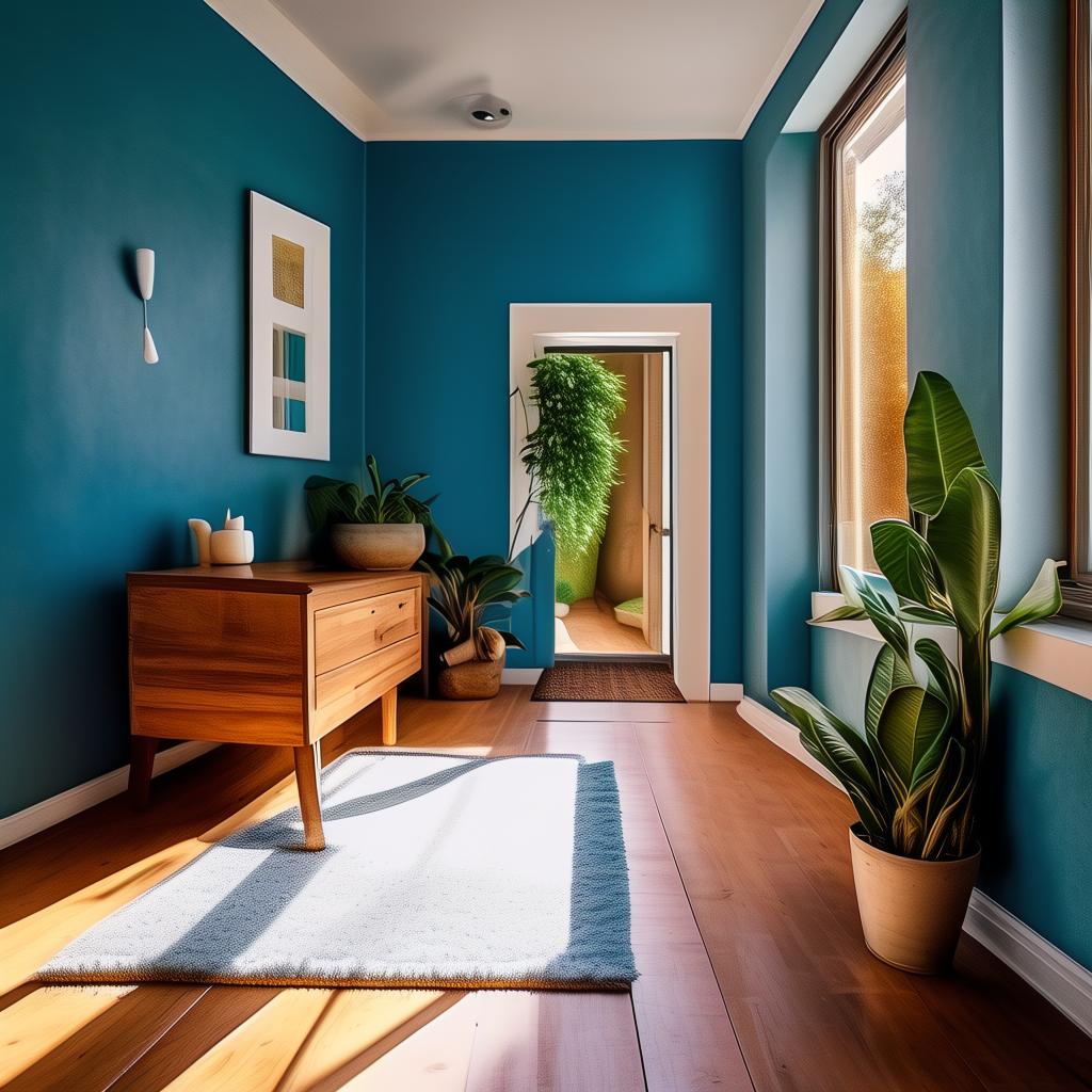Bright entryway with blue wall, framed world map, wooden shelf with snake plant and ceramic key dish, woven rug, natural light from window, smartphone photo slightly crooked.