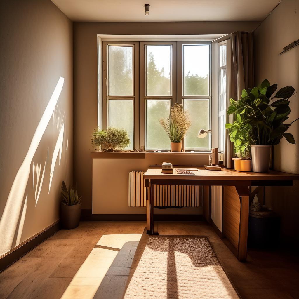 A narrow home office with a wooden desk against the wall under an east-facing window, sunlight falling across the desk, a small plant on the sill, beige walls, a closed door at the far end of the room.