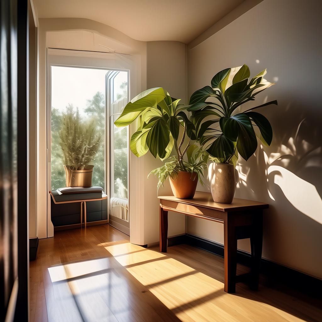 Narrow entryway with a large rectangular mirror on the side wall, reflecting a snake plant and console table, warm light from adjacent room, slightly crooked angle typical of smartphone photo