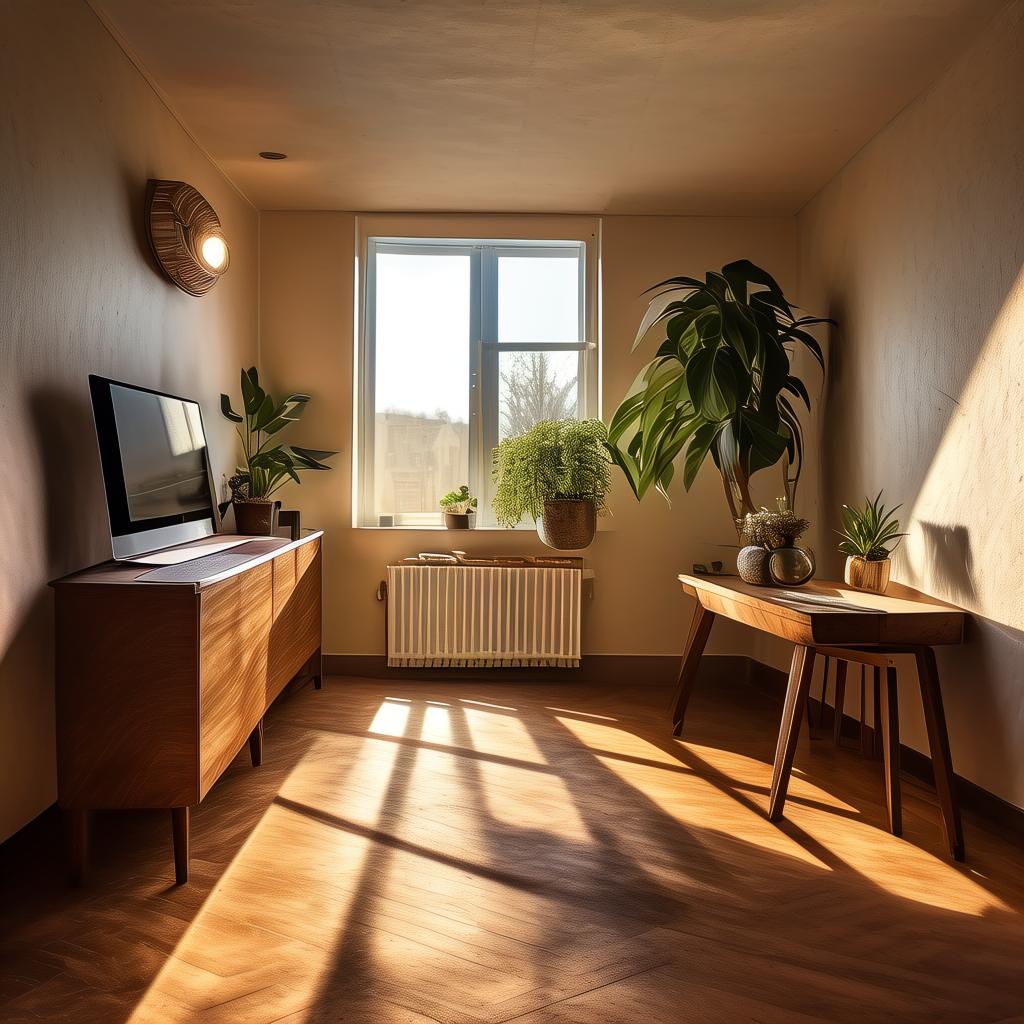 A narrow home office with a wooden desk against the wall under an east-facing window, sunlight falling across the desk, a small plant on the sill, beige walls, a closed door at the far end of the room.