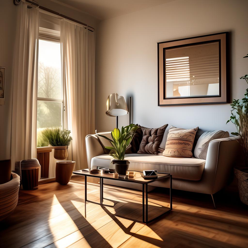 A cozy living room with a wooden floor, a tall metal floor lamp positioned next to a window with sheer curtains, a small wooden bookshelf against the opposite wall, a gray couch with throw pillows, afternoon sunlight streaming in.