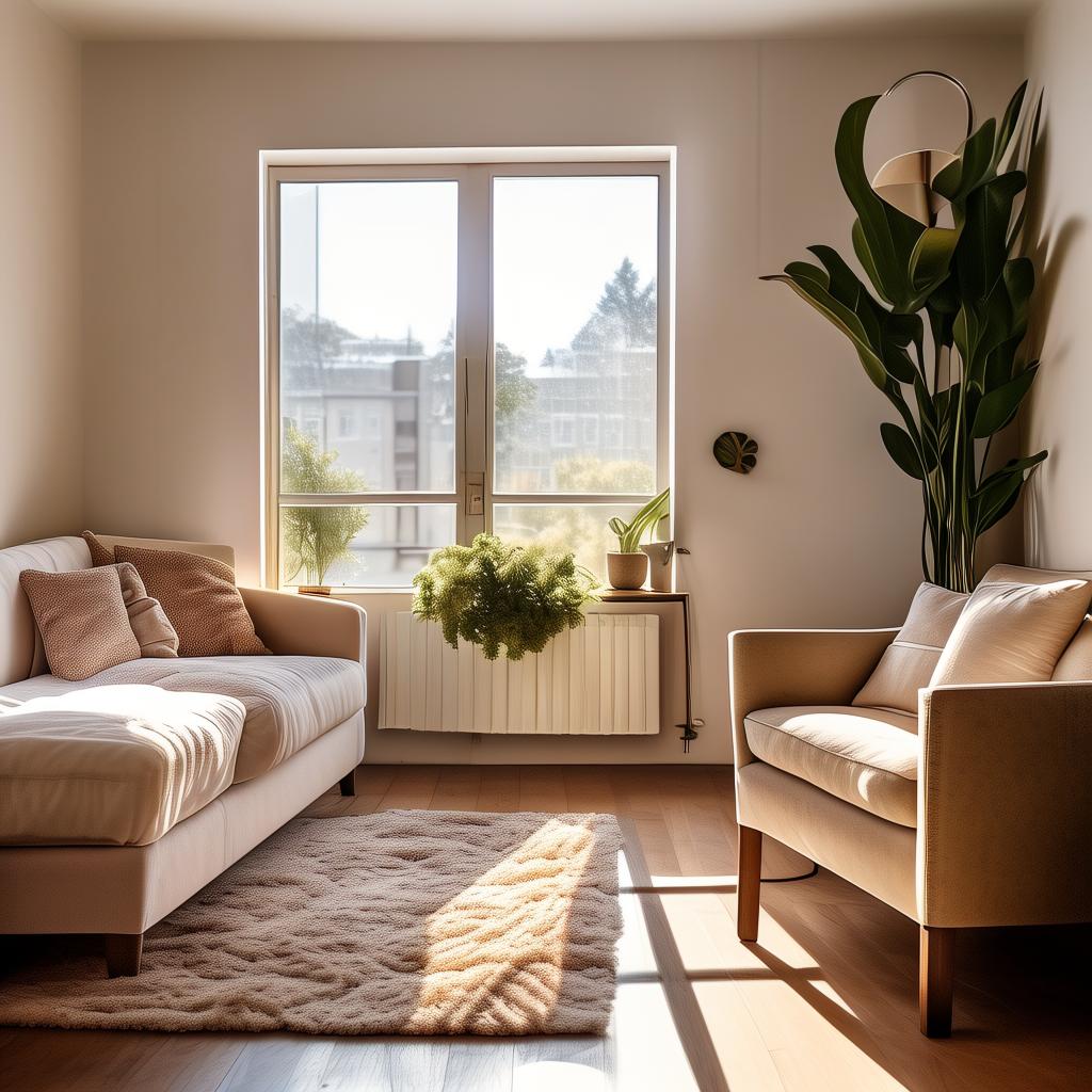 A living room with a white cabinet closed, a snake plant on top, a warm lamp on the left, a beige couch, and a woven rug. Natural light from a window.