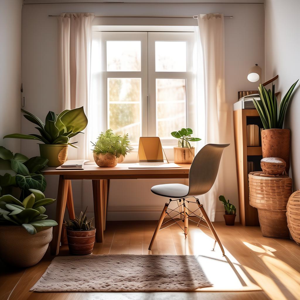 A home office desk against a white wall, with a wooden bookshelf on the left, a small succulent in a terracotta pot, a lamp, and a chair with a cushion. The photo is slightly off-level, taken from the doorway, with natural light coming from behind the camera.