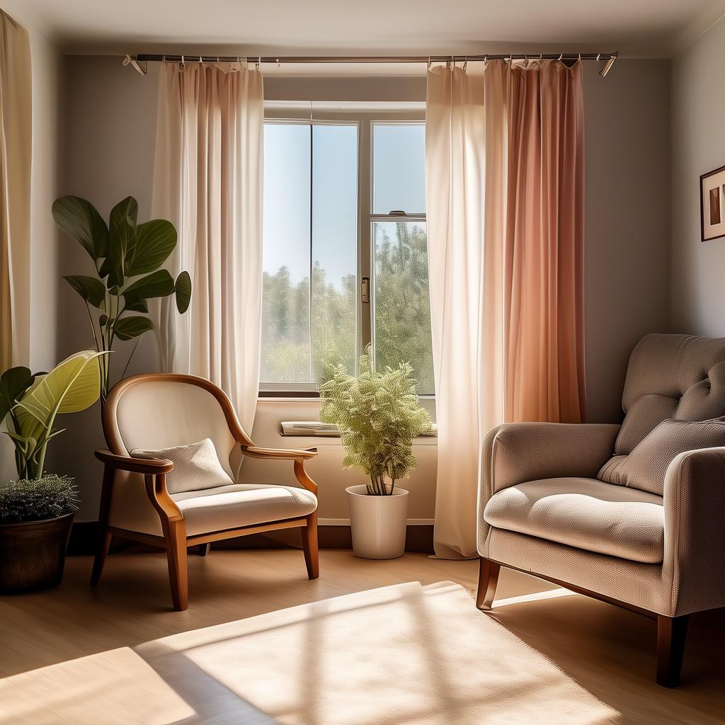 Bright living room with south-facing window, empty windowsill except for a small round succulent, light curtains, soft rug and armchair in foreground.