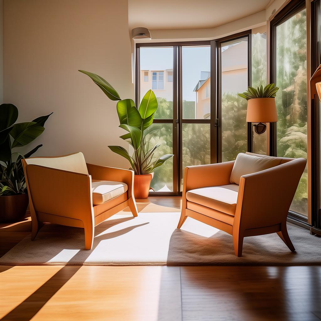 A bright living room with two fabric armchairs facing each other, a small round wooden table between them with a warm-toned lamp, a snake plant on the windowsill, and soft natural light from a nearby window.