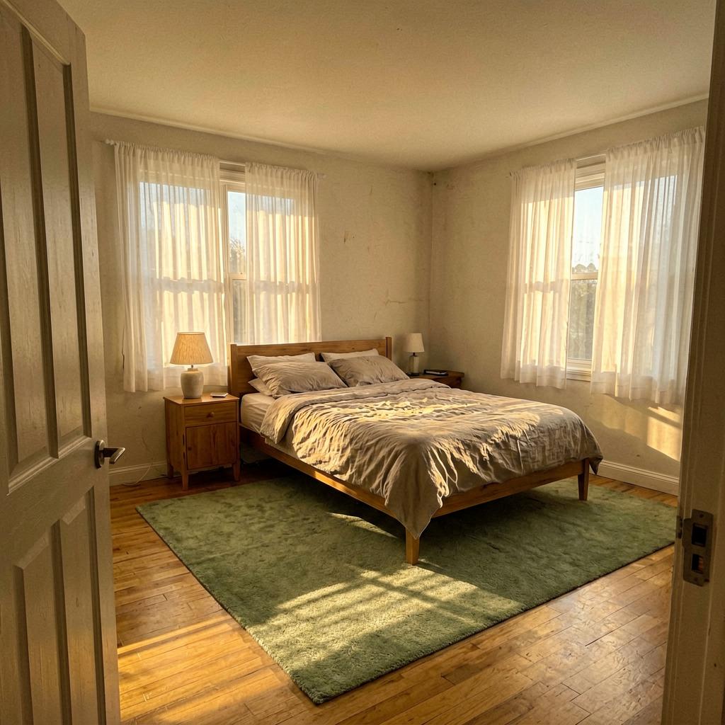 A bedroom with a queen bed against the far wall, wooden nightstand with lamp, west-facing window with sheer white curtains, muted green wool rug on hardwood floor, door frame visible on left edge, warm afternoon light, slightly off-level composition.