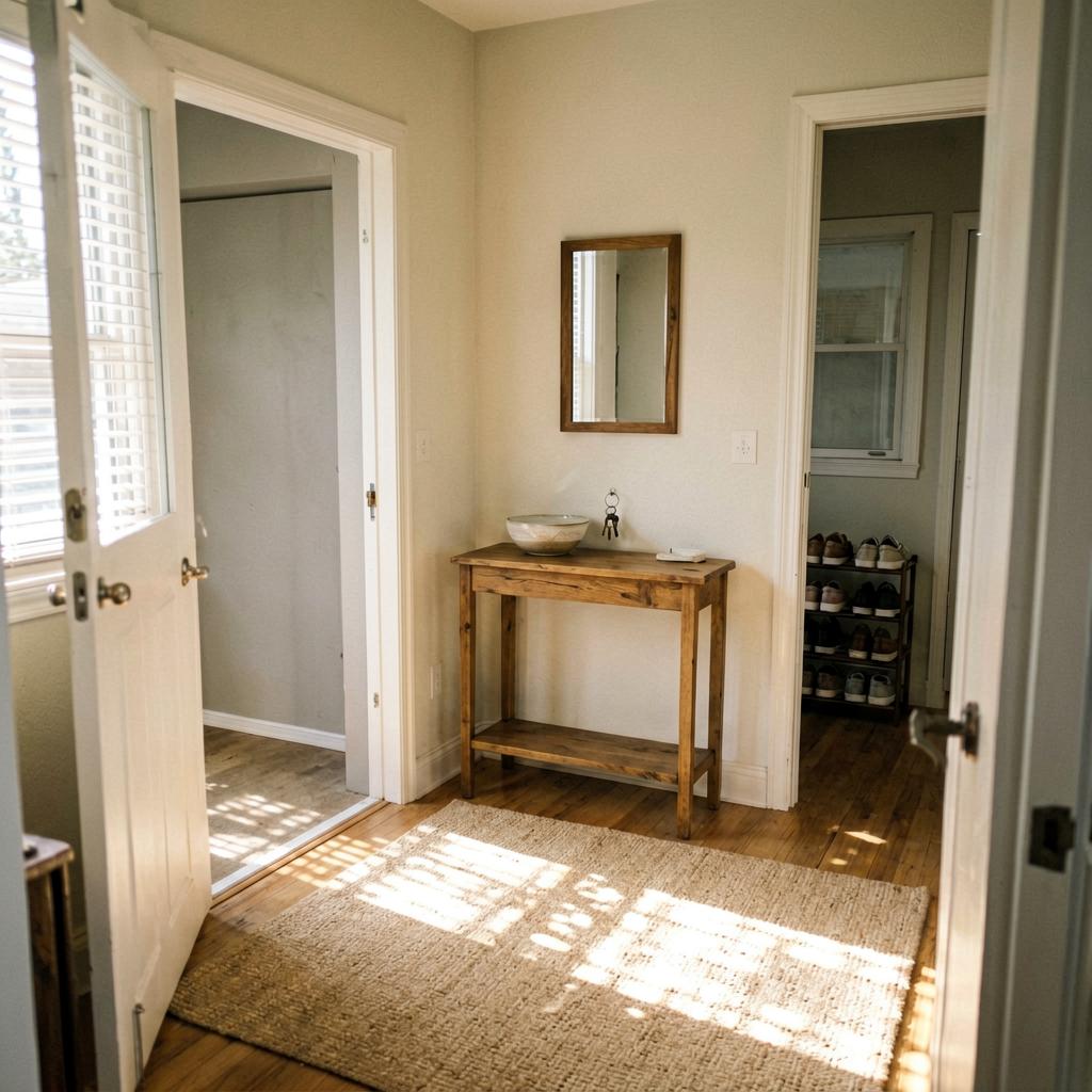 A bright entryway with a newly cleared front door opening fully against a wall, a narrow wooden console table with a ceramic key bowl and a small framed mirror above it, warm afternoon light falling on a neutral beige rug, the shoe rack visible through a doorway to the mudroom in the background.