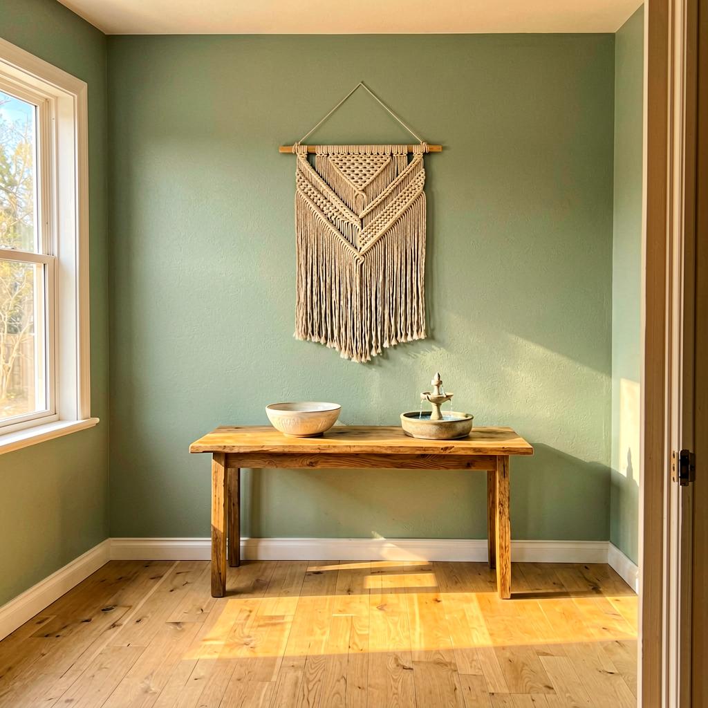 Living room with a muted sage green wall, a beige woven tapestry hanging, a low wooden console table holding a ceramic bowl and a small tabletop fountain, soft sunlight from a west-facing window.