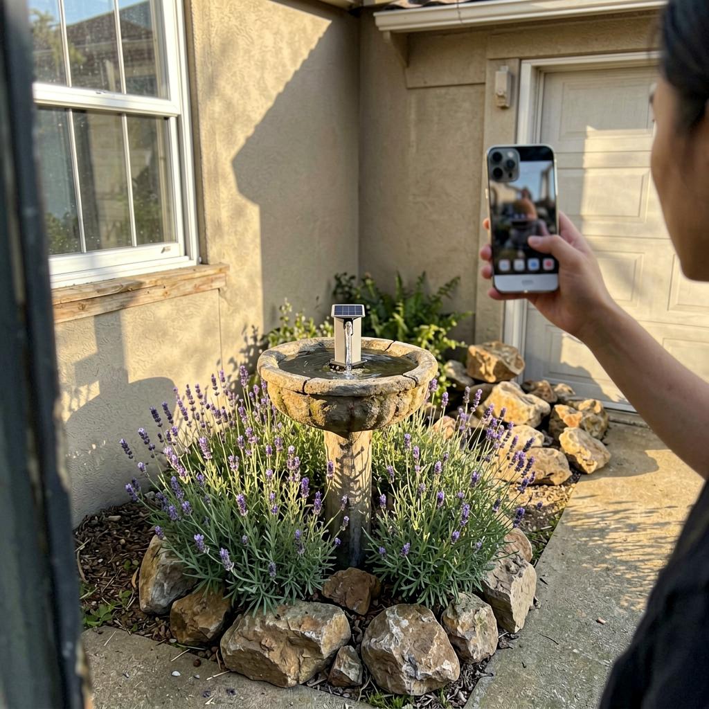 A small backyard corner with a solar-powered birdbath fountain, lavender plants around the base, the rocks moved to the side of the garage, late afternoon sun casting soft shadows.