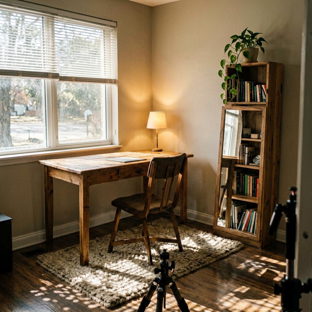 A home office with a wooden desk moved away from a drafty window, now against a solid interior wall. A thick wool rug under the chair, a tall bookshelf near the desk, a small lamp casting warm light, and a plant on the shelf. No people, no screens showing.