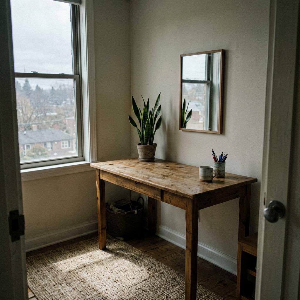 A home office with a wooden desk placed against an interior wall, away from a bright window. A potted snake plant sits on the corner of the desk, a ceramic mug with pens nearby, soft afternoon light falls on the rug from the window on the left.