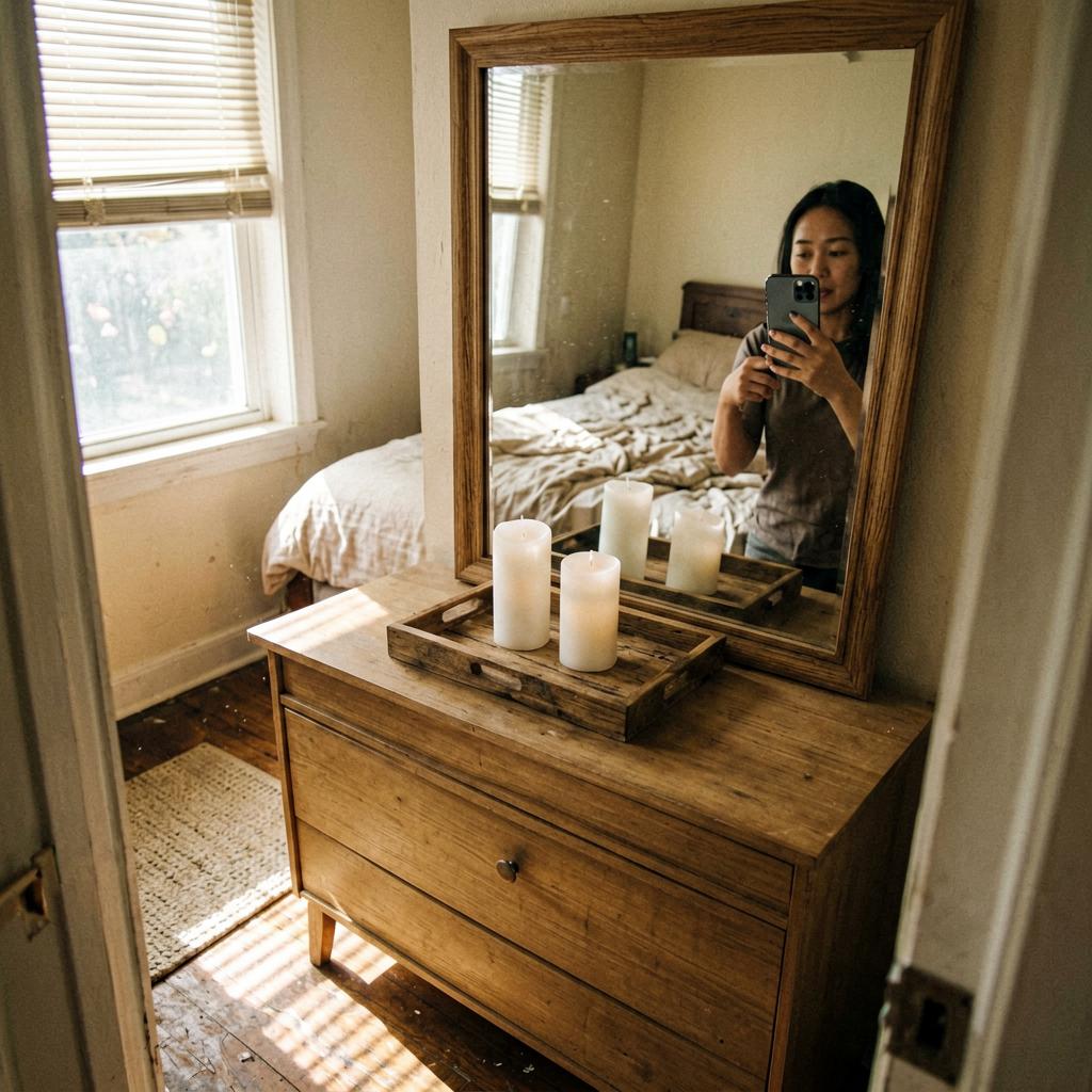 A bedroom dresser with two white pillar candles on a wooden tray, bed visible behind, natural light from a window, slightly off-level phone photo with warm tones.