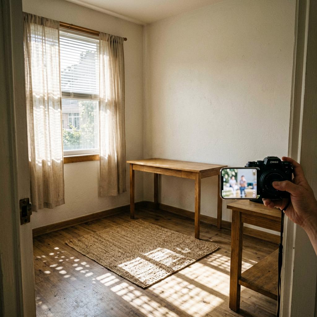 A clean, simply furnished guest bedroom with a wooden desk against the west wall, a small woven rug underneath, and a curtain filtering afternoon sunlight.