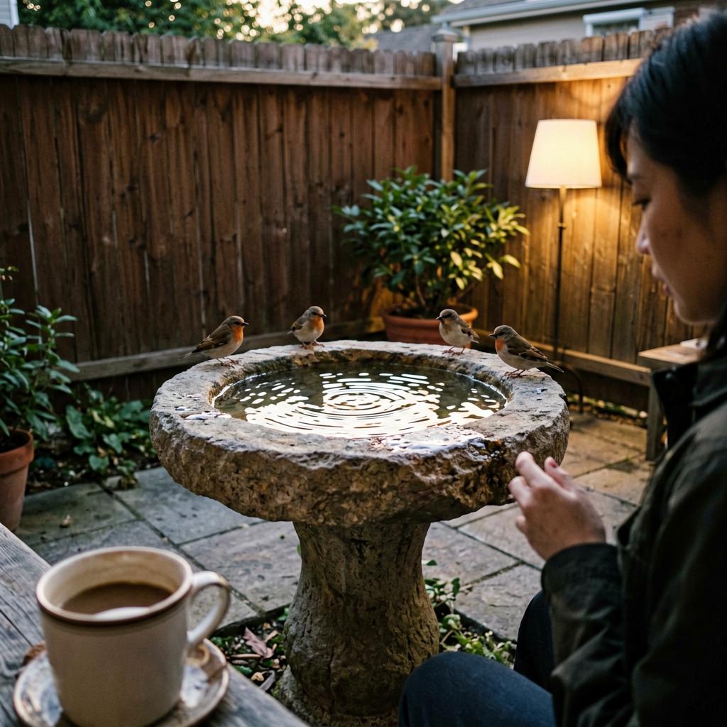 A backyard patio with a simple stone birdbath, water shimmering in morning light, a few small birds perched on the rim, a wooden fence and a potted plant visible in the background, smartphone photo slightly off-level