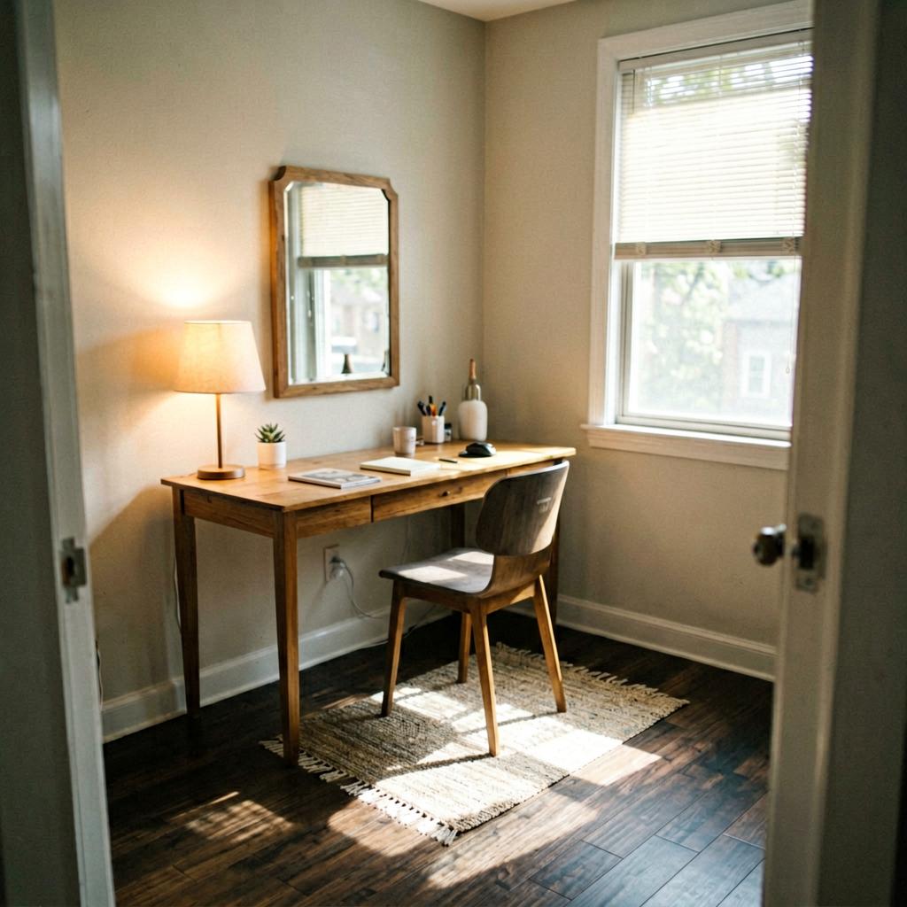 A tidy home office with a wooden desk positioned against the wall, facing the door at a slight angle. A small rug sits underneath, a lamp glows on the left, and natural light filters in from a window to the right.