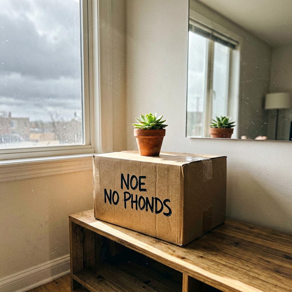 A cardboard box labeled in black marker sits on a low wooden shelf in a bright living room. A small succulent in a terracotta pot rests on the box. Sunlight streams in from a nearby window, highlighting dust motes in the air.