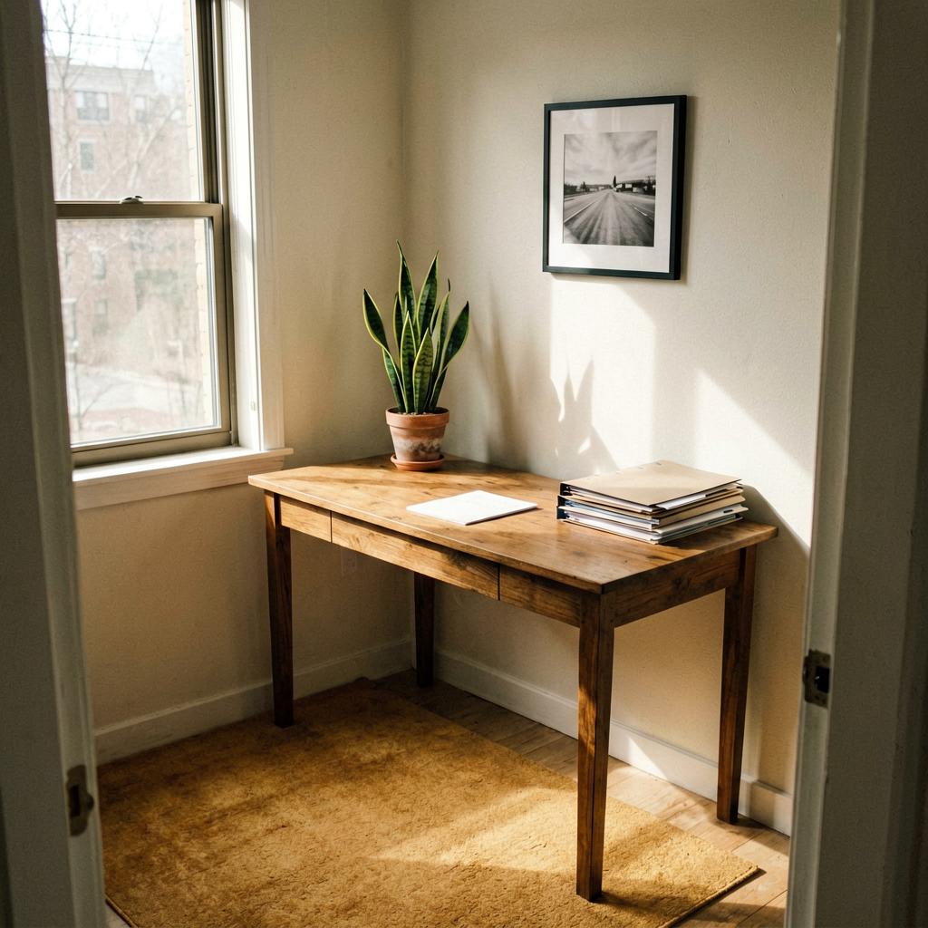 A home office with a wooden desk positioned diagonally in the southwest corner, facing a window. A potted snake plant on the desk, a small stack of neatly organized folders, a warm-toned rug on the floor, and a single framed photo on the wall. Natural afternoon light falls across the desk.